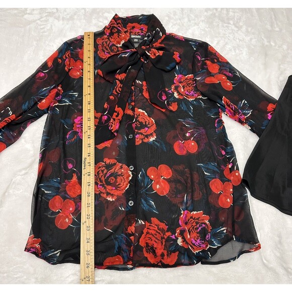 DKNY Black Red Floral Neck Bow Tie 3/4 Sleeve Semi-Sheer Blouse w/Camisole Sz M - Picture 10 of 16